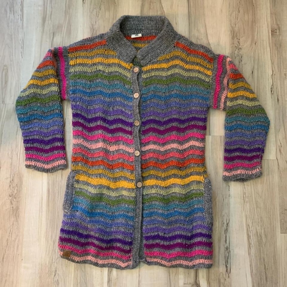 Handmade‎ knit cardigan Pachamama button up & pockets sz Medium
